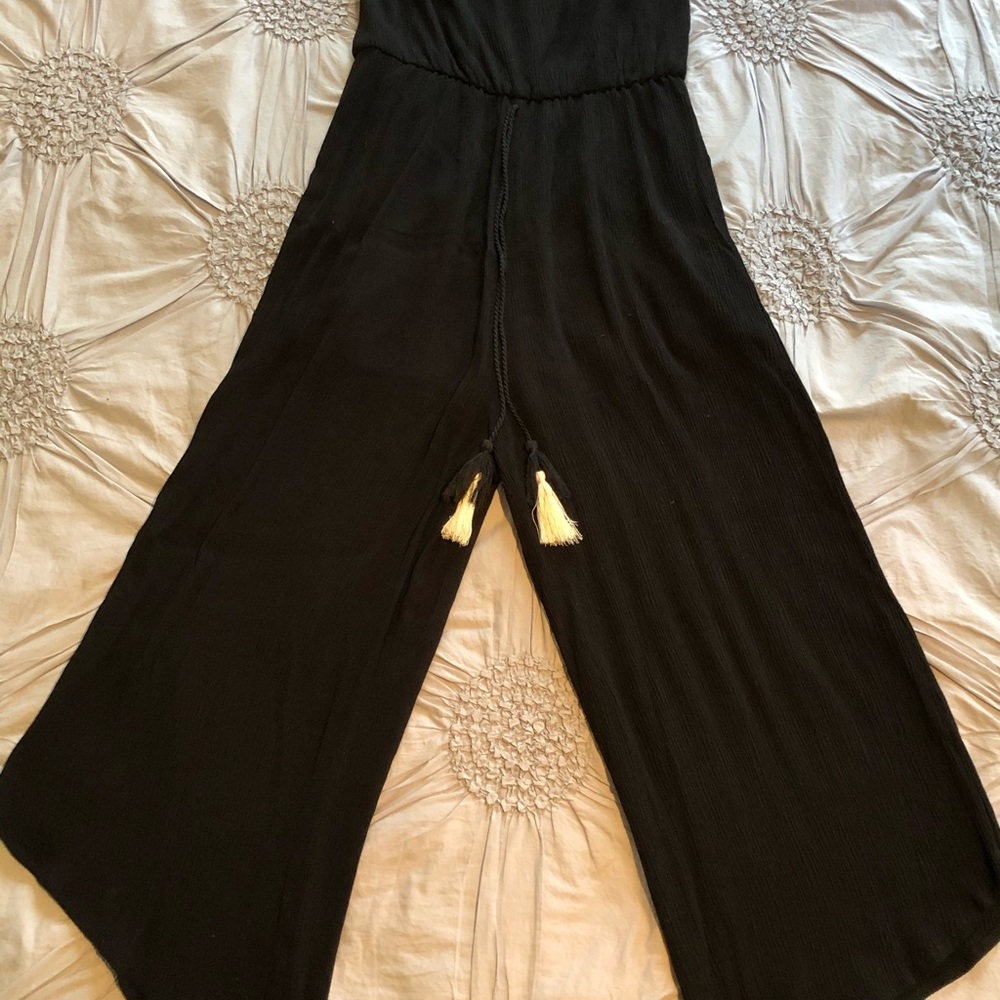 Xhilaration Black Ribbed Wide-Leg Jumpsuit with Cream Tassel Tie